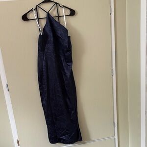 Lulus Desirable Dream Navy Blue Satin Jacquard Halter Neck Midi Dress